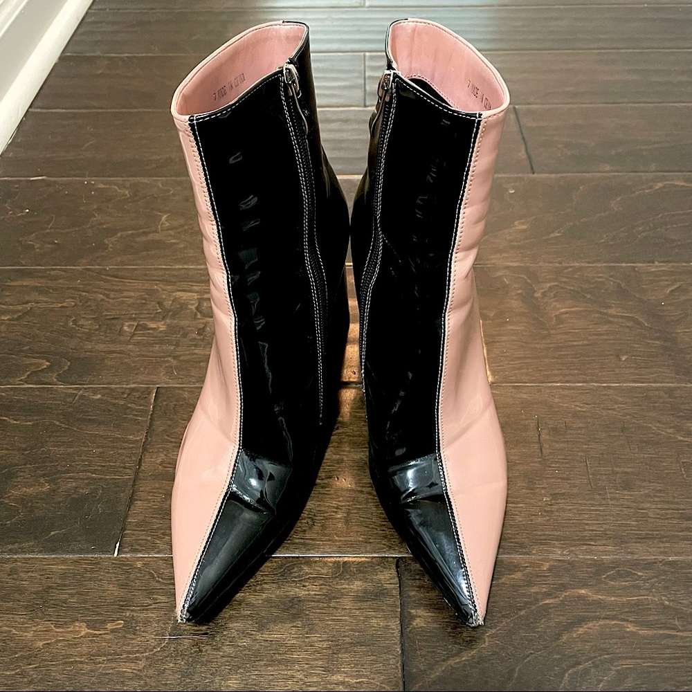 Contrast Pink + Black Pointed Heeled Booties